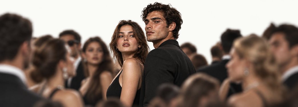 A crowd at a formal event, most faces softly out of focus, with one couple sharply in focus at the centre.