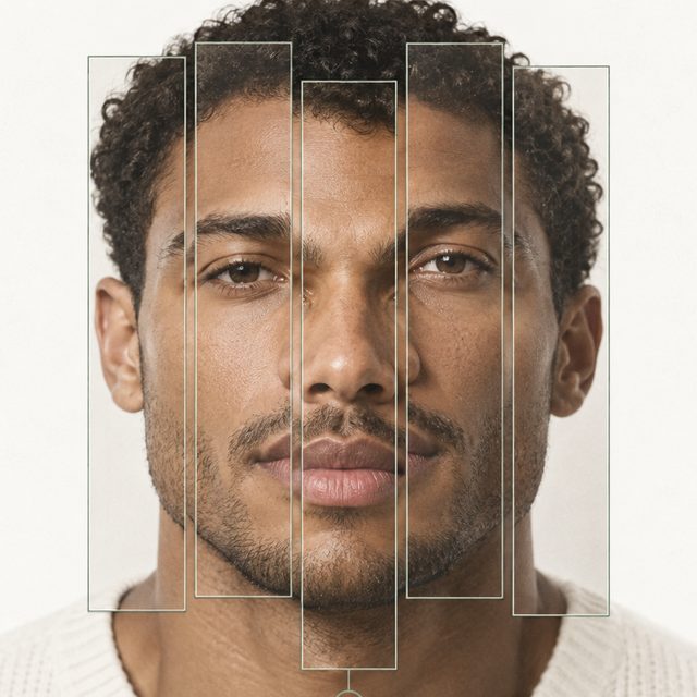 A front-facing portrait with vertical alignment guides overlaid across the face to hold the capture angle in frame.