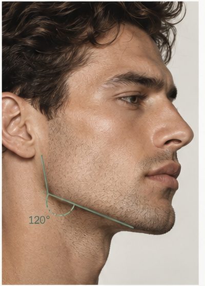A profile view with the jaw angle measured and marked at 120 degrees.