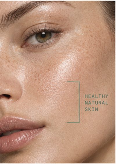 A close crop of cheek skin annotated to show texture and tone.