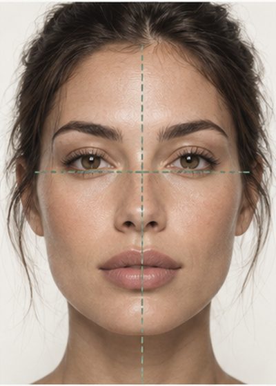 A front-view face with vertical and horizontal axes drawn across it to compare the two sides.