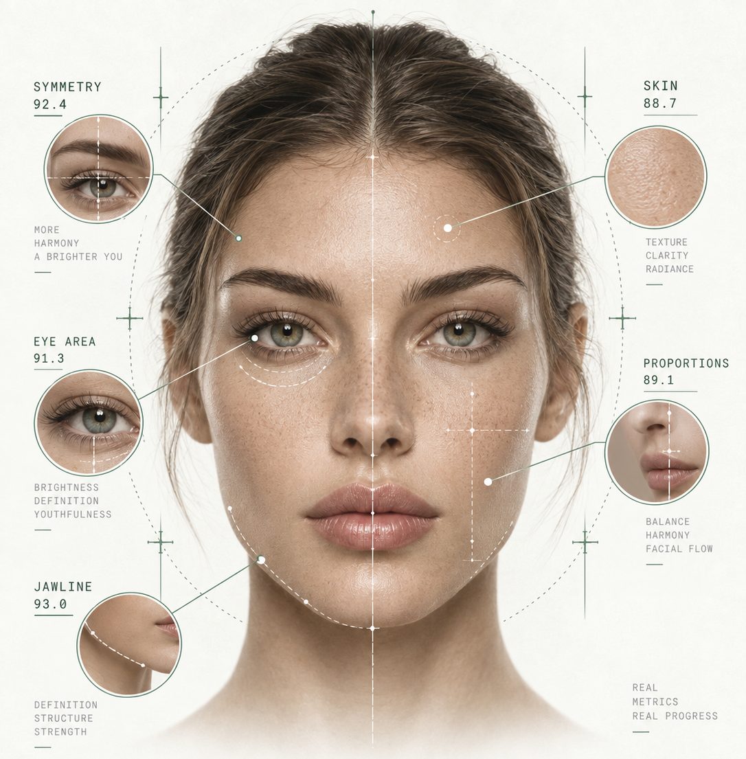 A front-view face with a 468-point landmark overlay. Five monospaced readouts label symmetry 92.4, eye area 91.3, jawline 93.0, skin 88.7 and proportions 89.1, each linked to a magnified detail of that region.