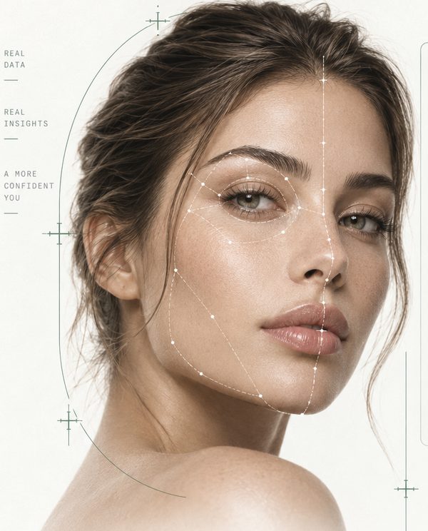 A three-quarter portrait with a fine landmark mesh traced across the face and monospaced notes reading real data, real insights.